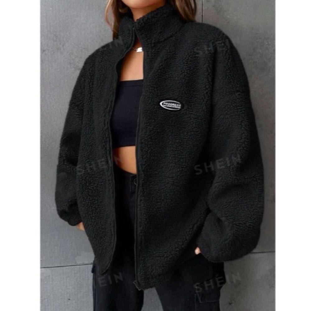 SHEIN Women's Black Oversized Sherpa Zip-Up Jacket Size Small Loose Fit Patch S